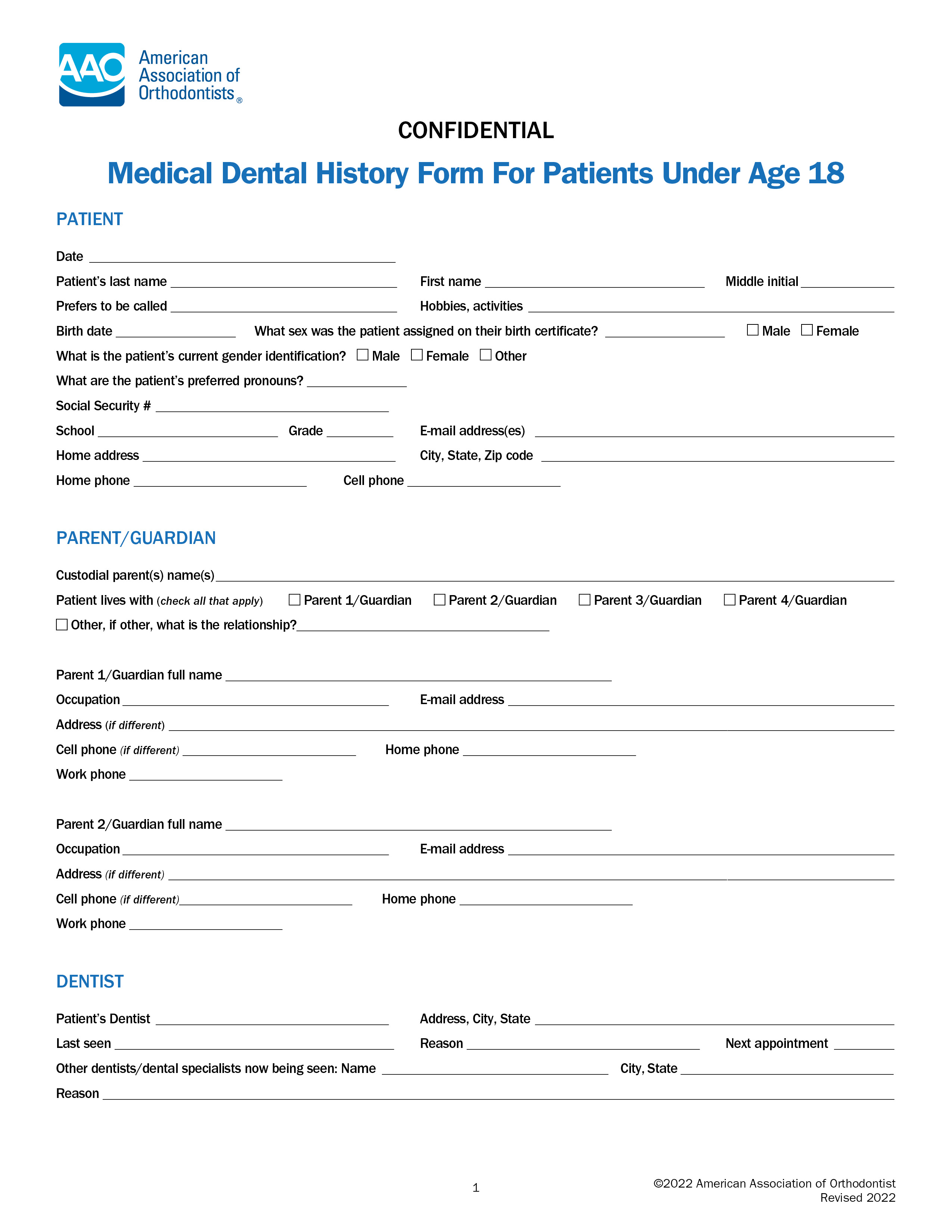 Medical Dental History Form - Patients Under 18 Years